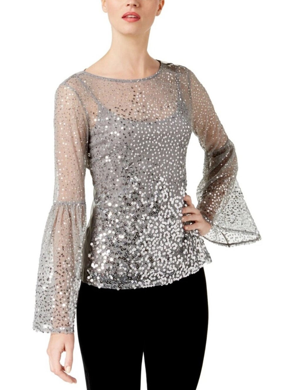 NWT INC International Concepts Silver Sequin Bell-Sleeve Blouse & Tank